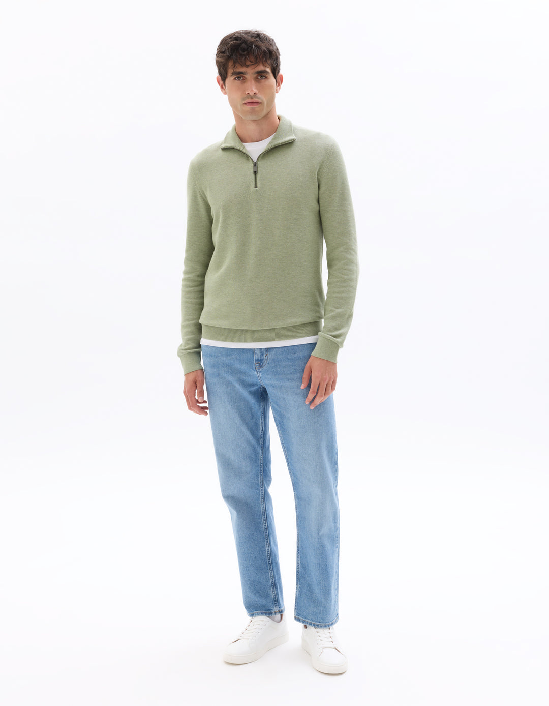 Zip-neck sweater, 100% cotton piqu