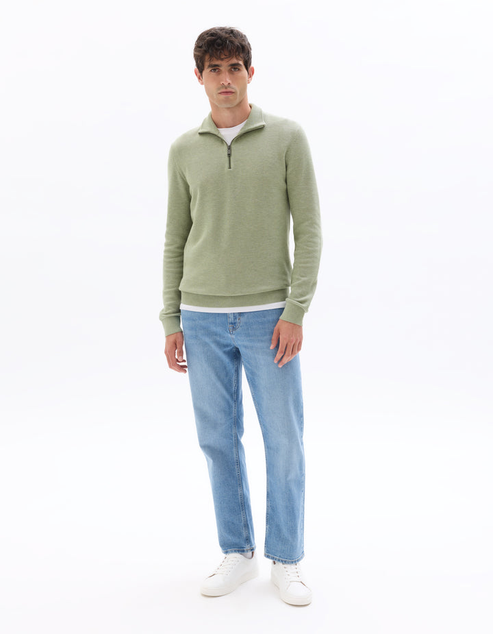 Zip-neck sweater, 100% cotton piqu