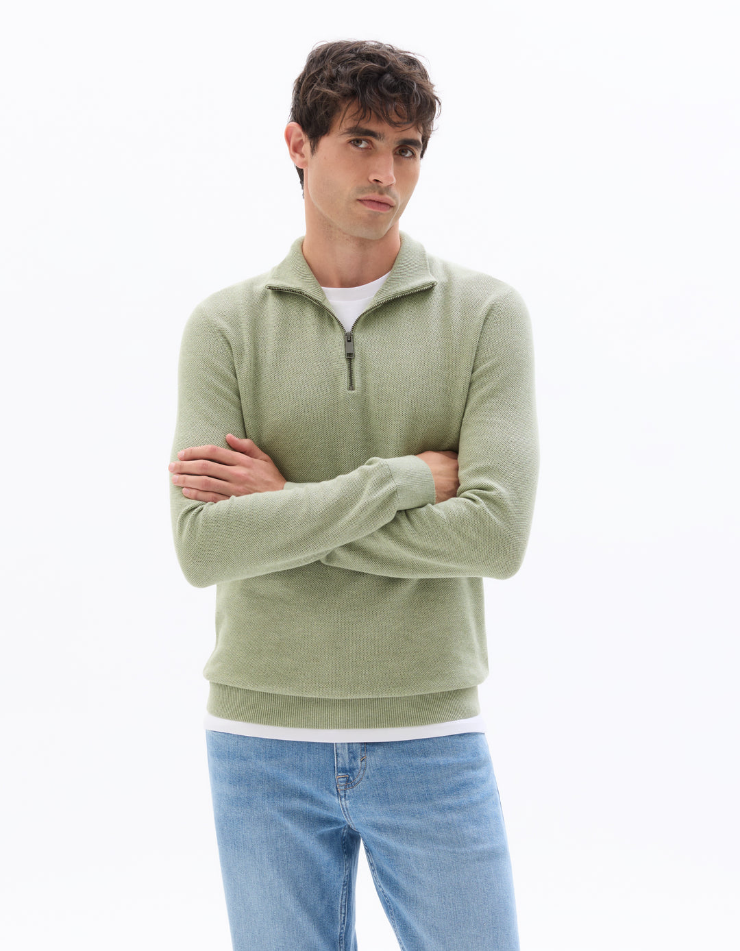Zip-neck sweater, 100% cotton piqu