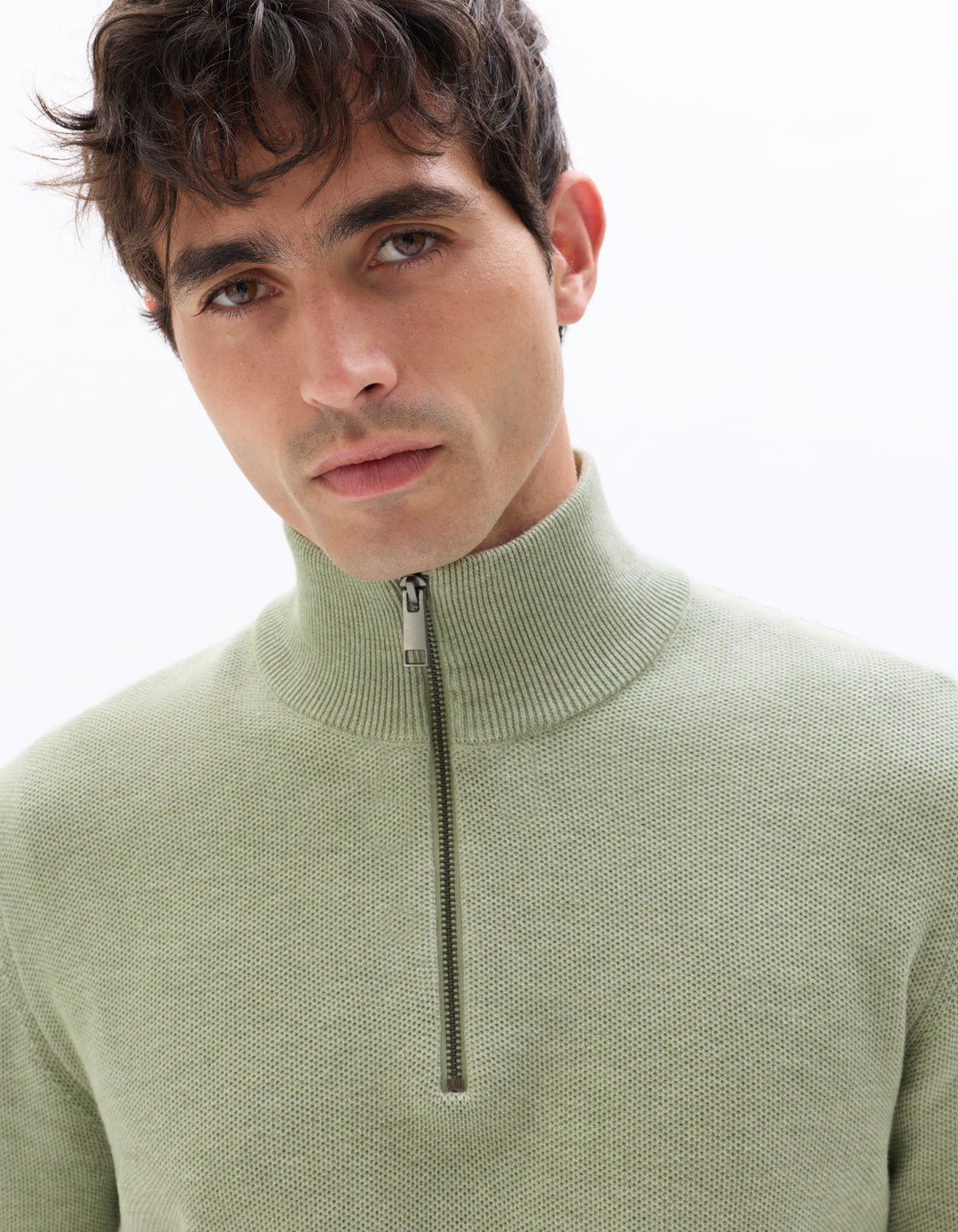 Zip-neck sweater, 100% cotton piqu