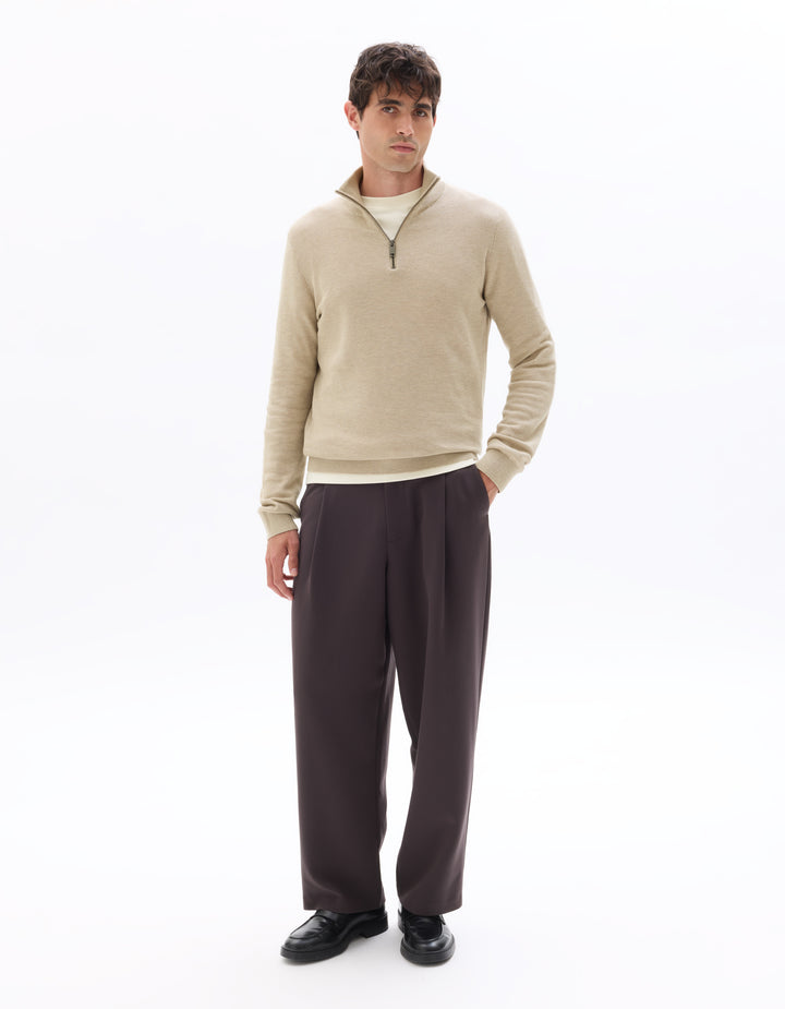 Zip-neck sweater, 100% cotton piqu