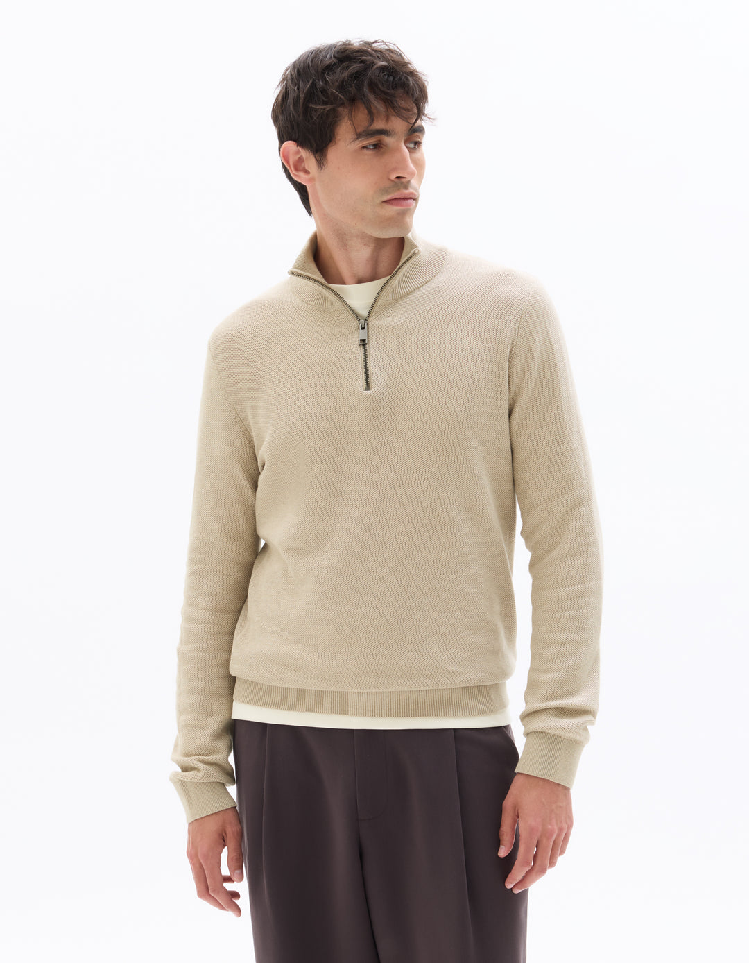 Zip-neck sweater, 100% cotton piqu