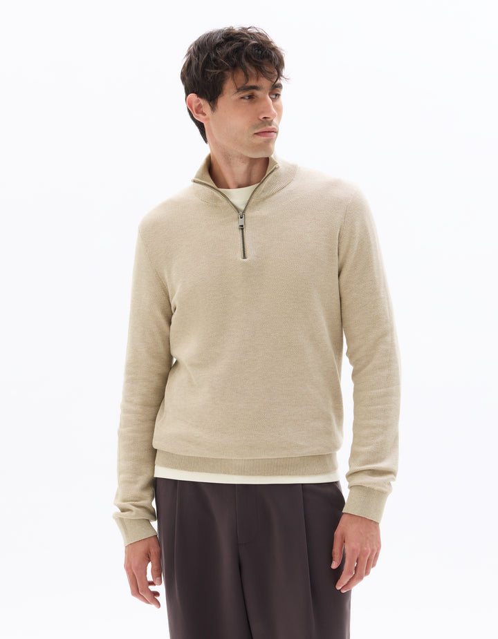 Zip-neck sweater, 100% cotton piqu