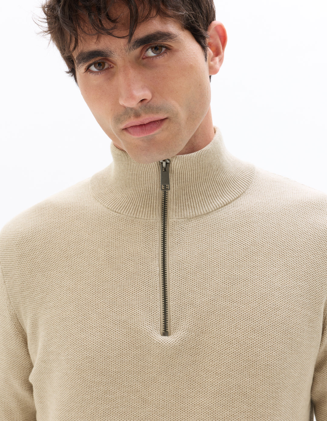 Zip-neck sweater, 100% cotton piqu