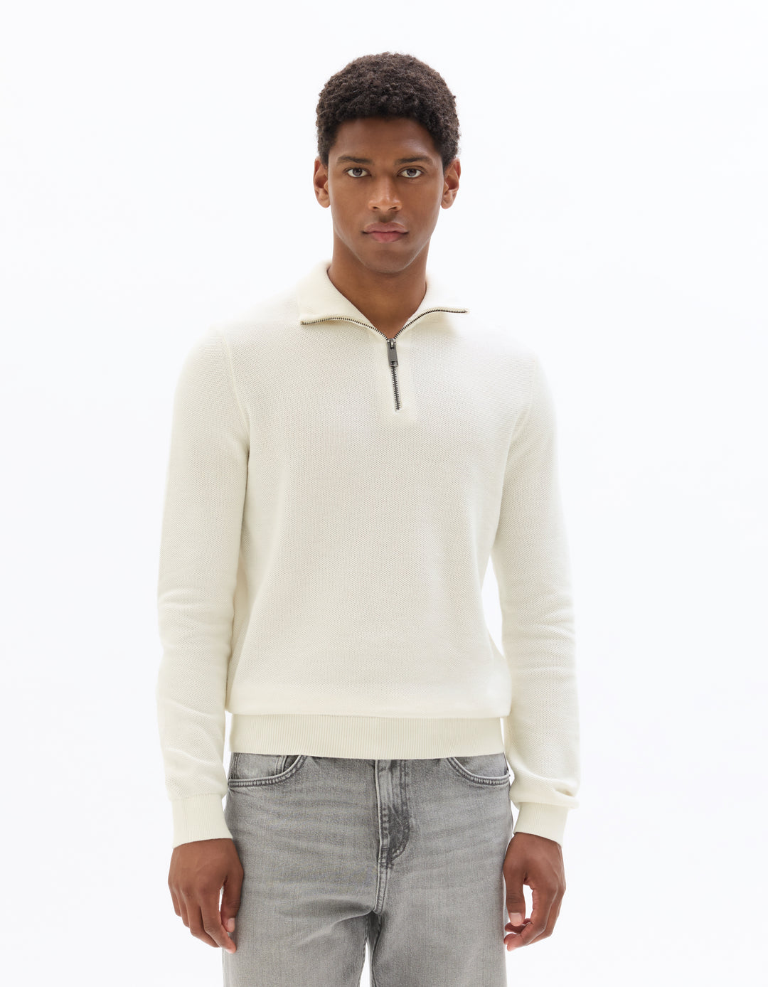 Zip-neck sweater, 100% cotton piqu