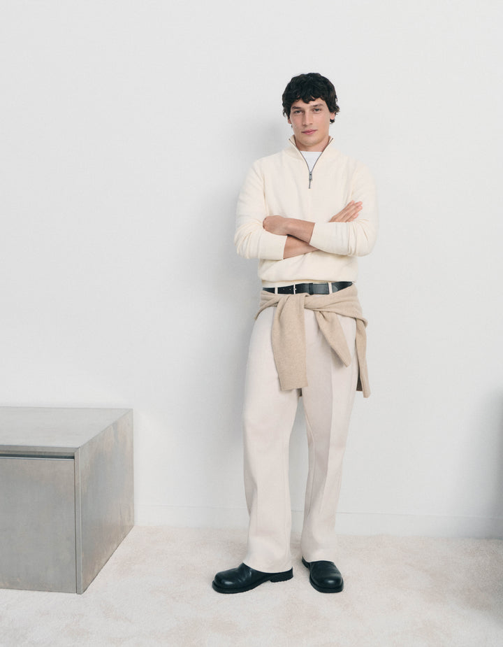 Zip-neck sweater, 100% cotton piqu