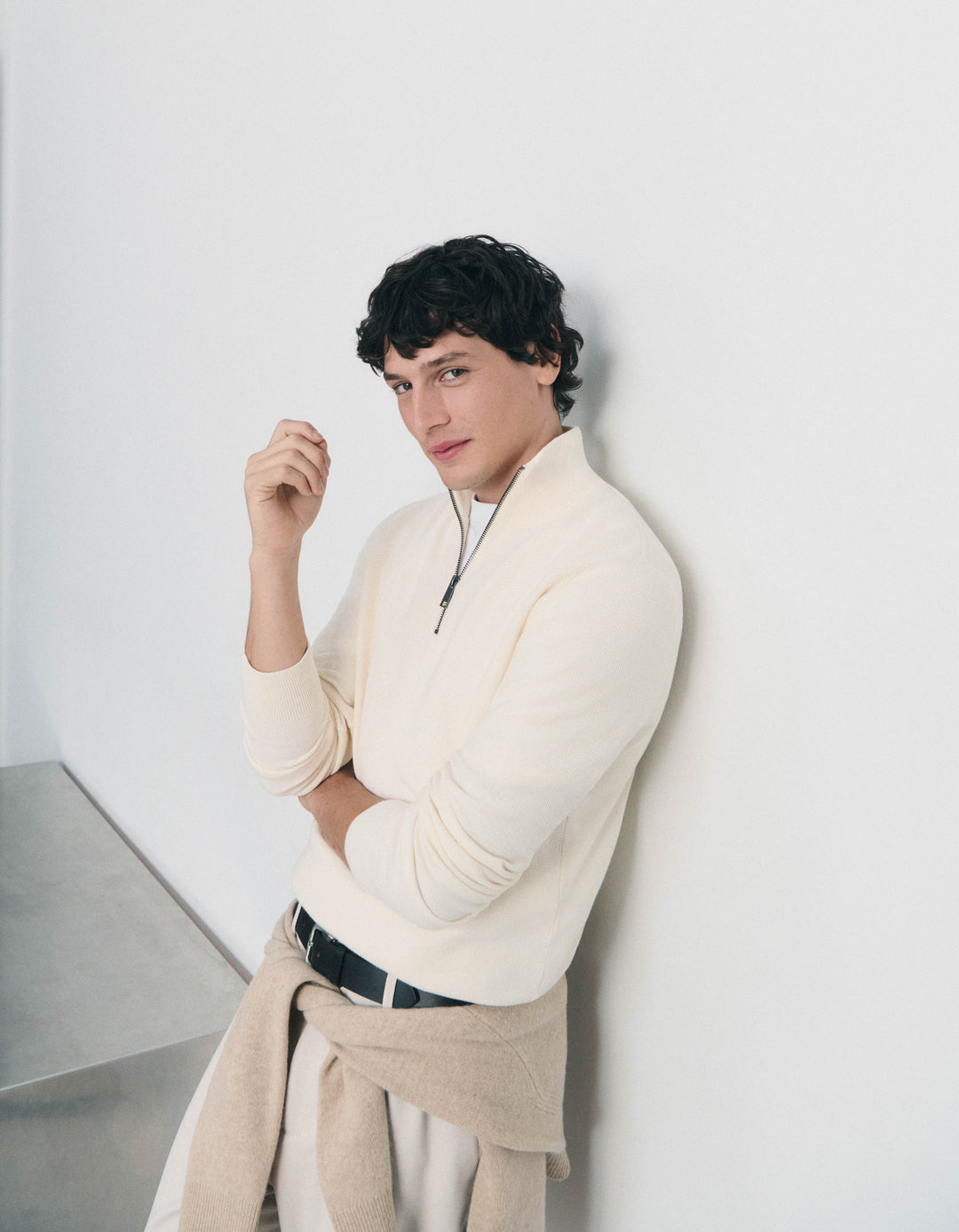 Zip-neck sweater, 100% cotton piqu