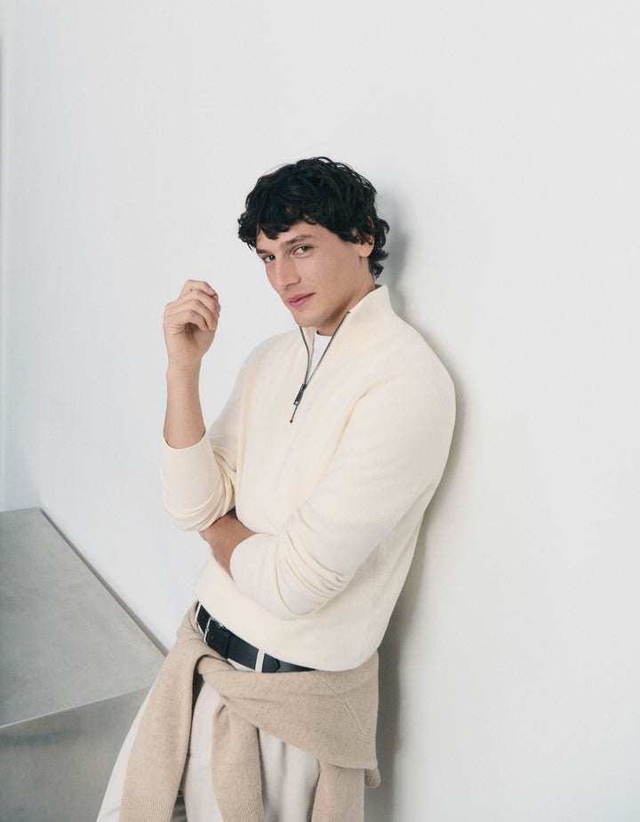 Zip-neck sweater, 100% cotton piqu