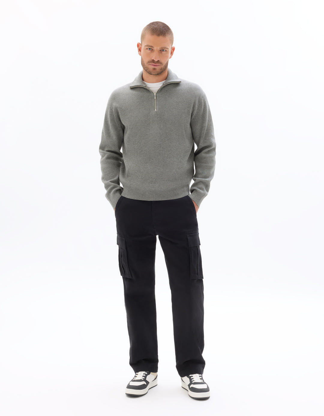 Ribbed Mock Neck Zip-Up Sweater