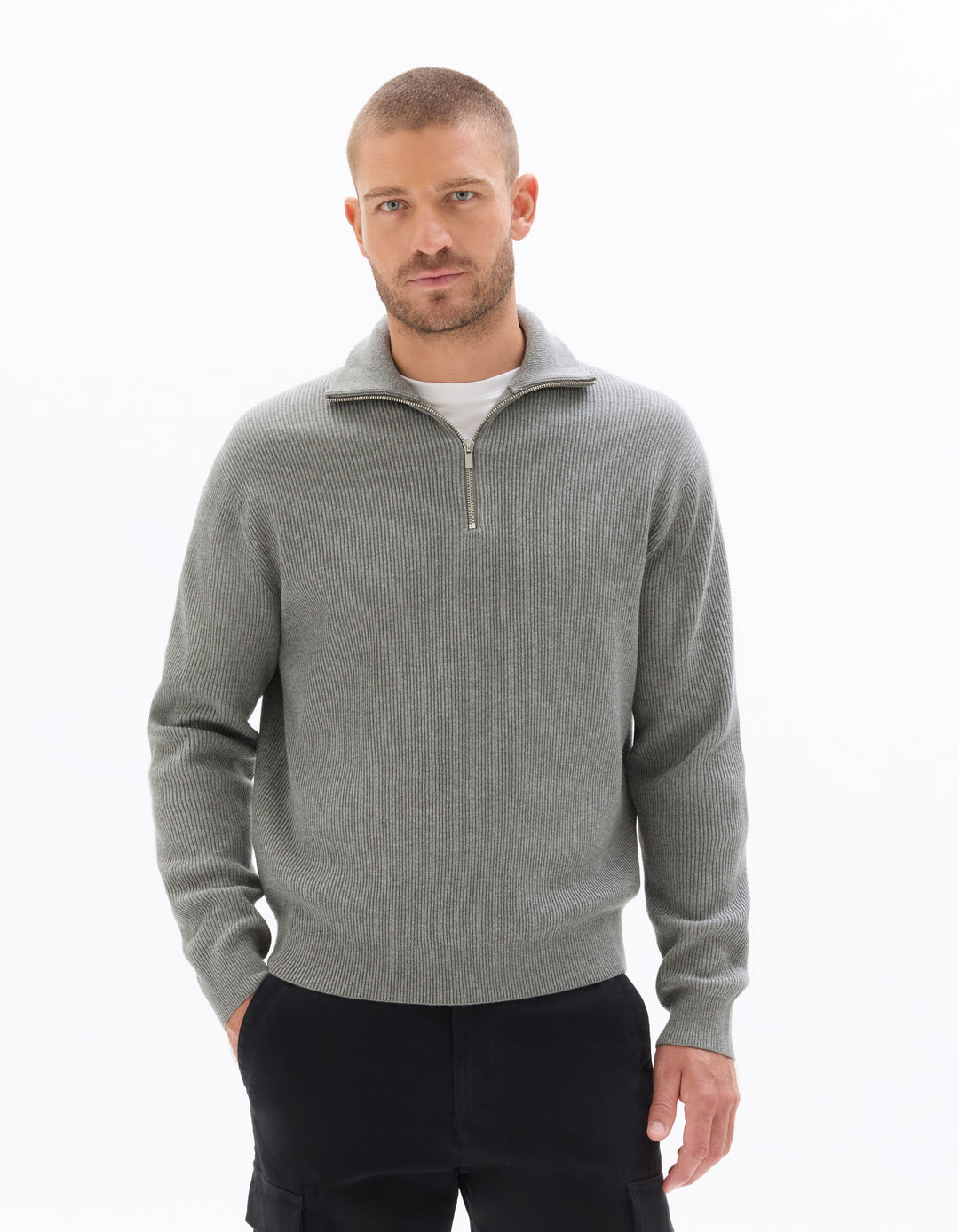 Ribbed Mock Neck Zip-Up Sweater