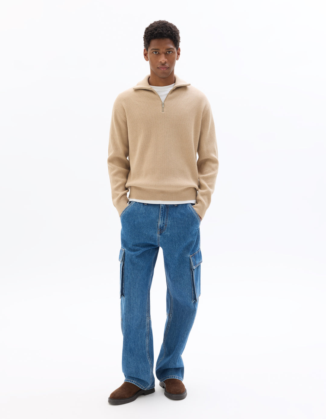 Ribbed Mock Neck Zip-Up Sweater