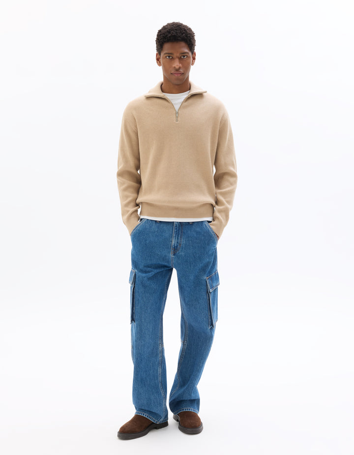 Ribbed Mock Neck Zip-Up Sweater