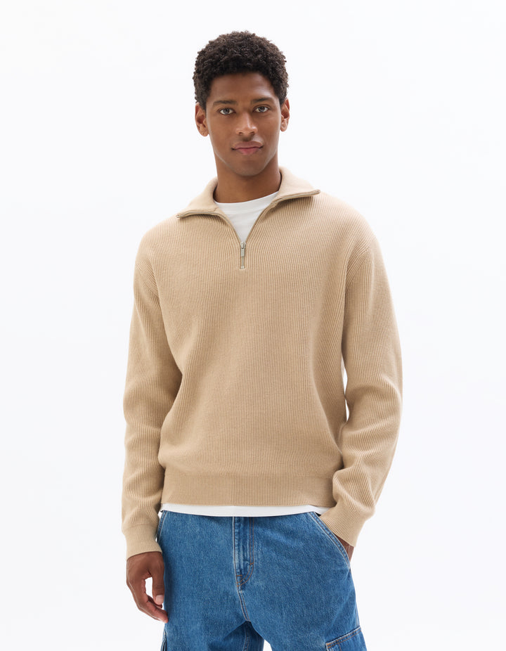 Ribbed Mock Neck Zip-Up Sweater