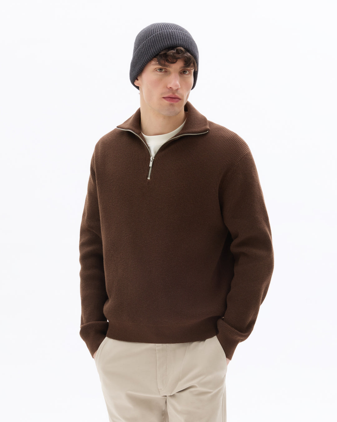 Ribbed Mock Neck Zip-Up Sweater