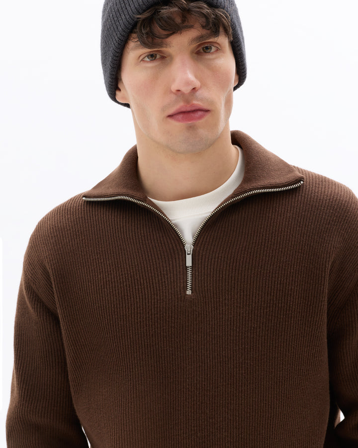 Ribbed Mock Neck Zip-Up Sweater