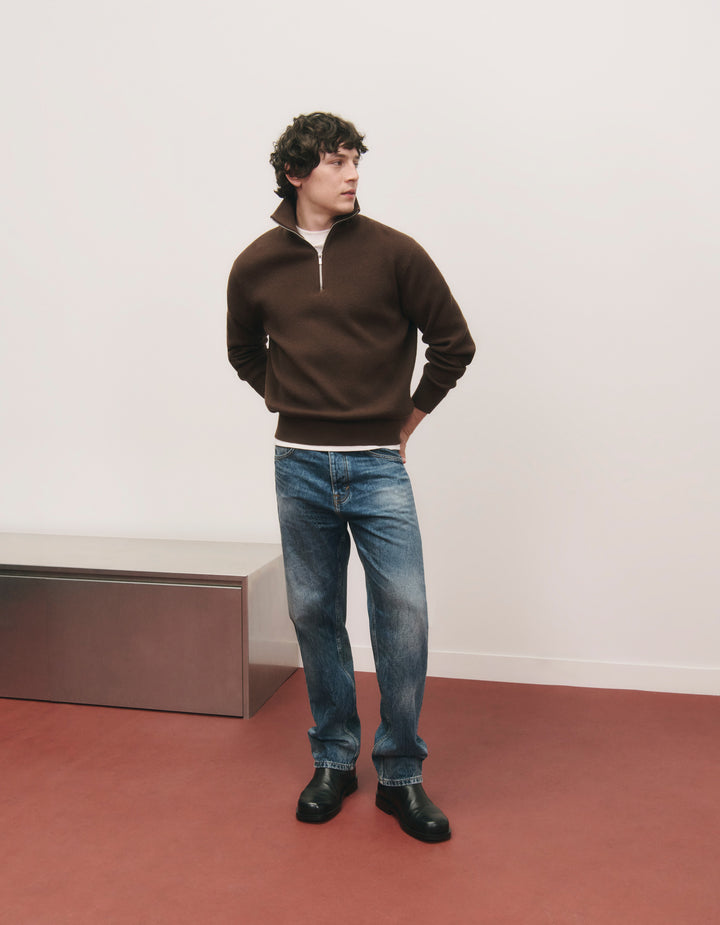 Ribbed Mock Neck Zip-Up Sweater