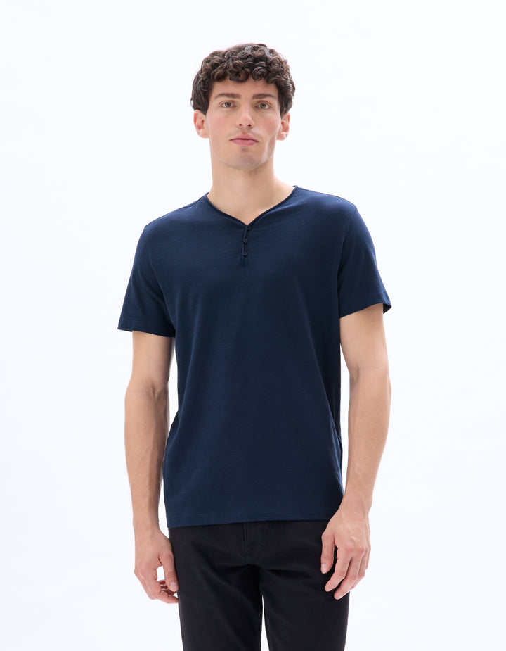 Men - Knitted - T-Shirt - Short sleeves - Henley collar