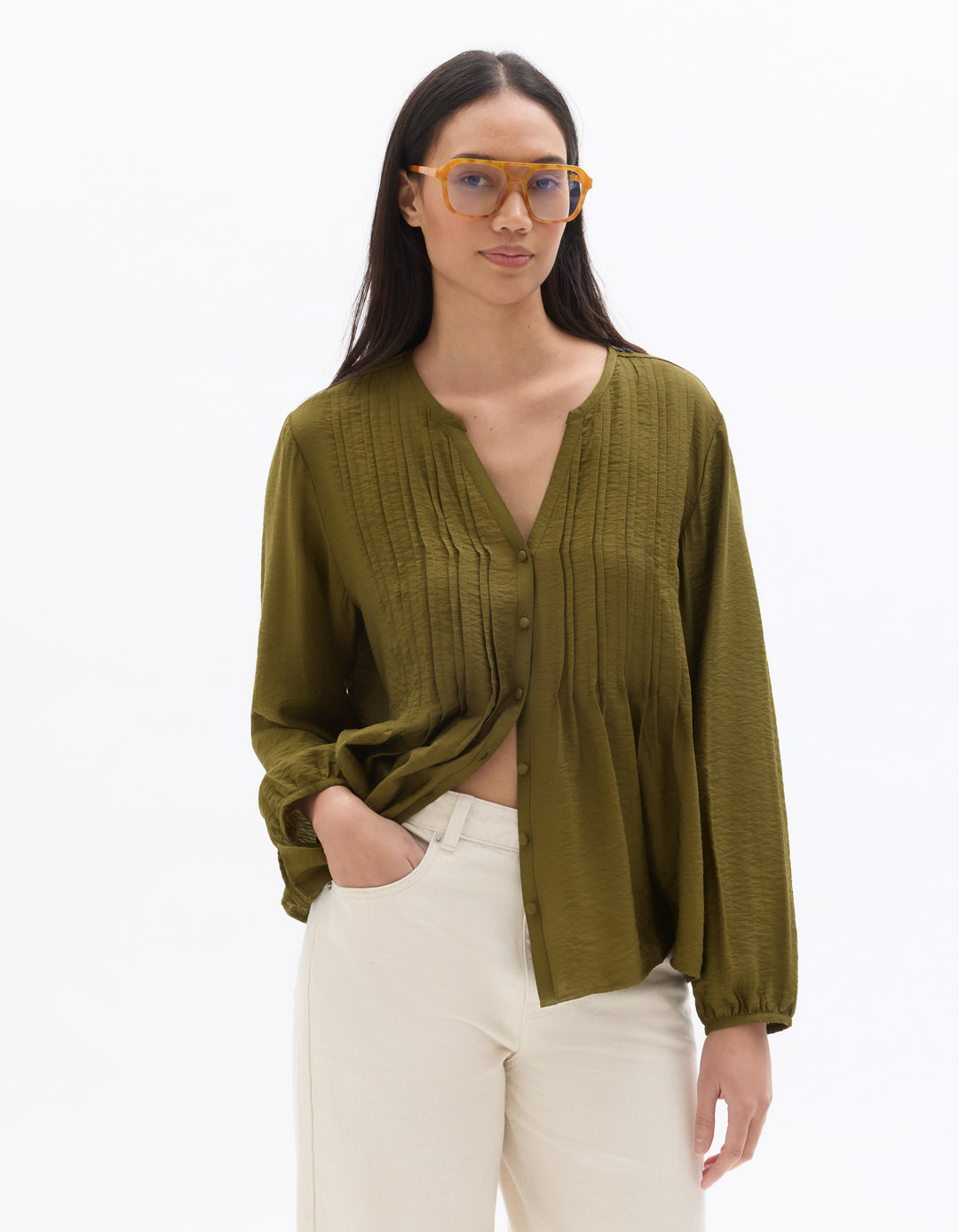 Ecru Pleated V-neck Blouse
