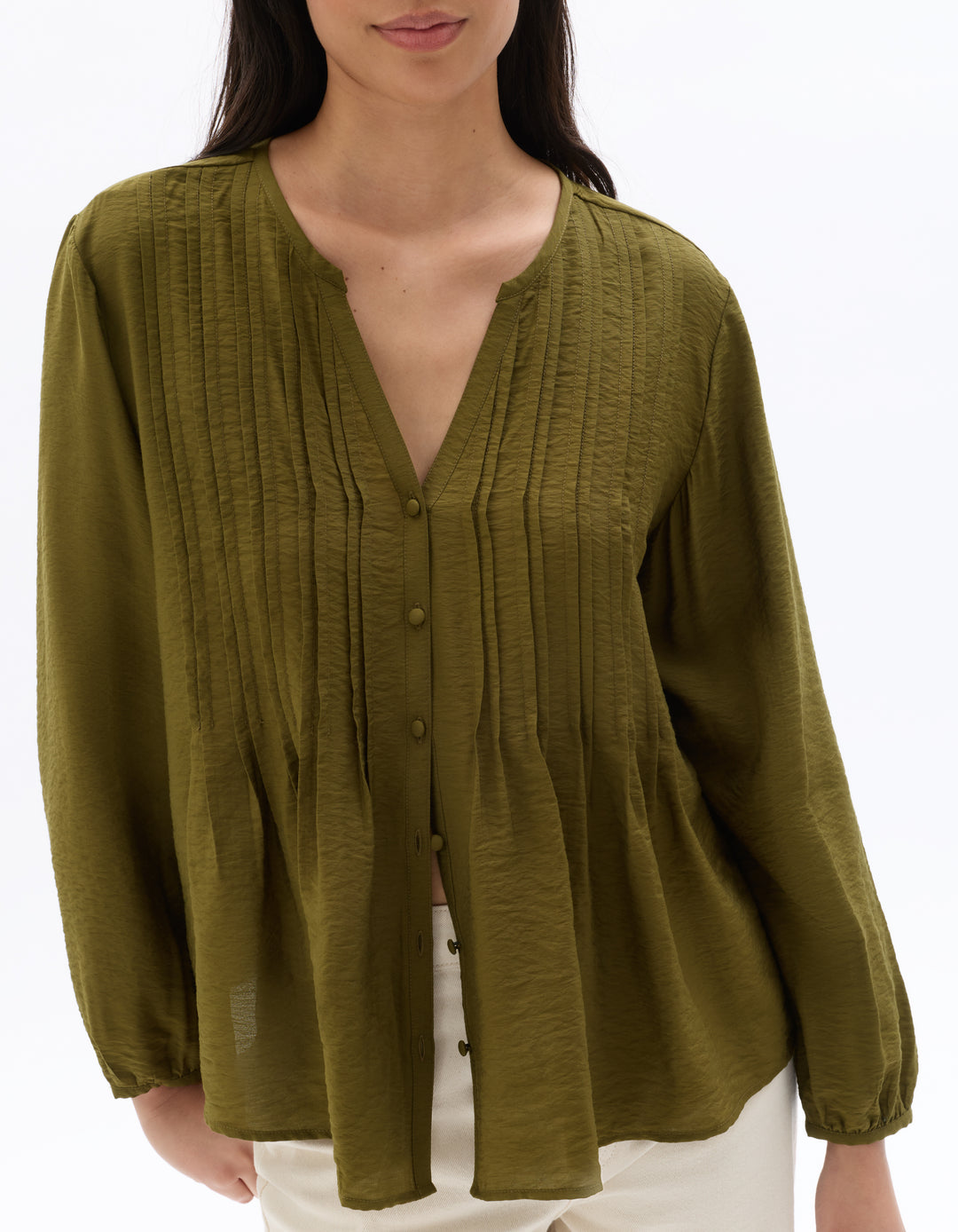 Ecru Pleated V-neck Blouse