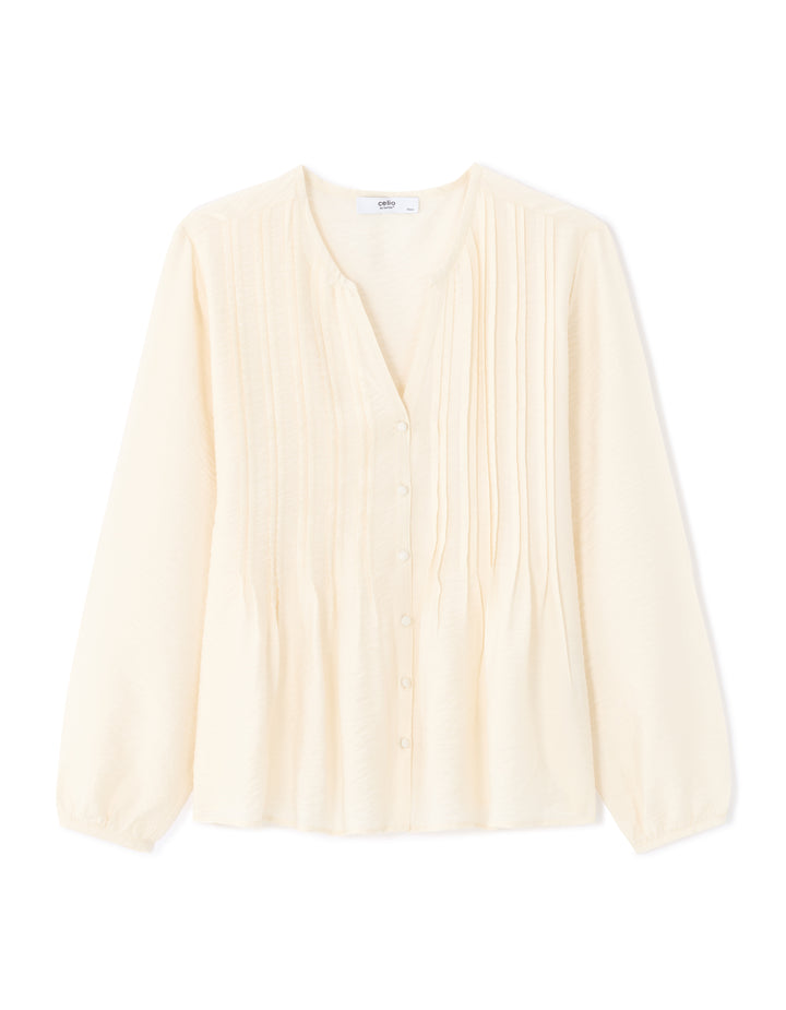 Ecru Pleated V-neck Blouse