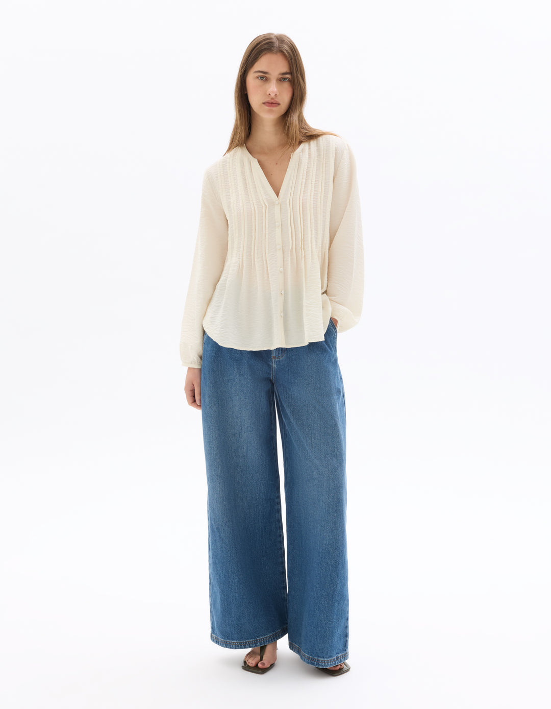 Ecru Pleated V-neck Blouse