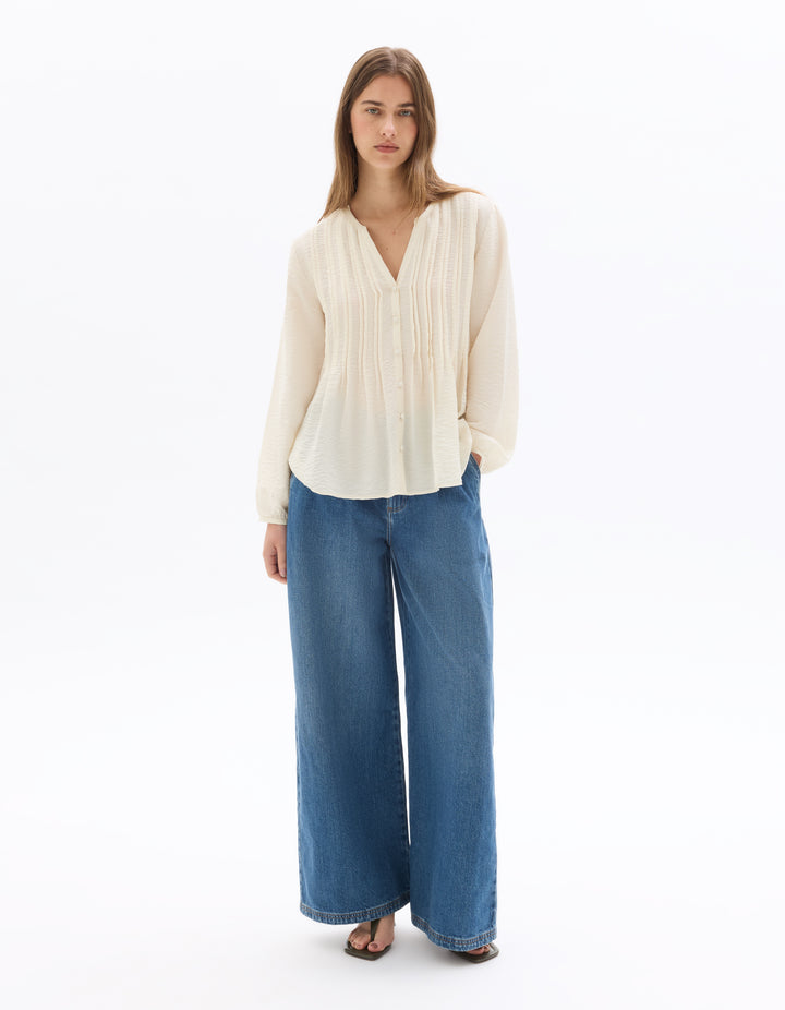Ecru Pleated V-neck Blouse