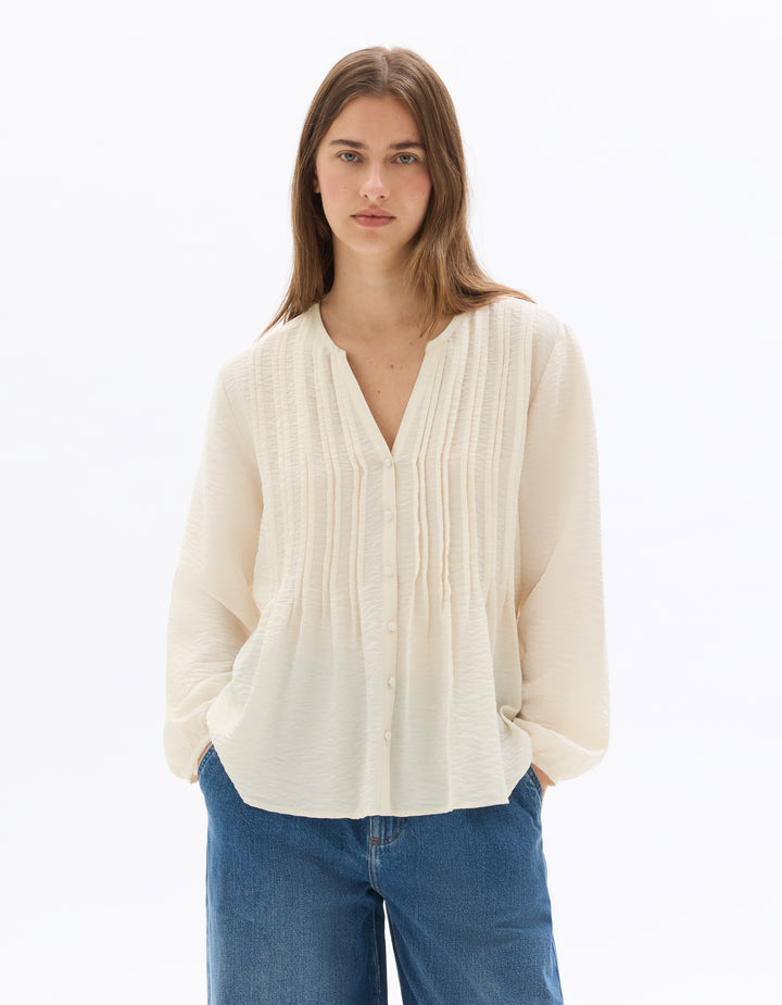 Ecru Pleated V-neck Blouse