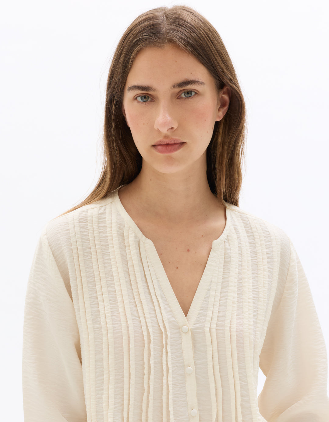 Ecru Pleated V-neck Blouse