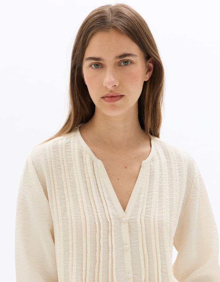 Ecru Pleated V-neck Blouse