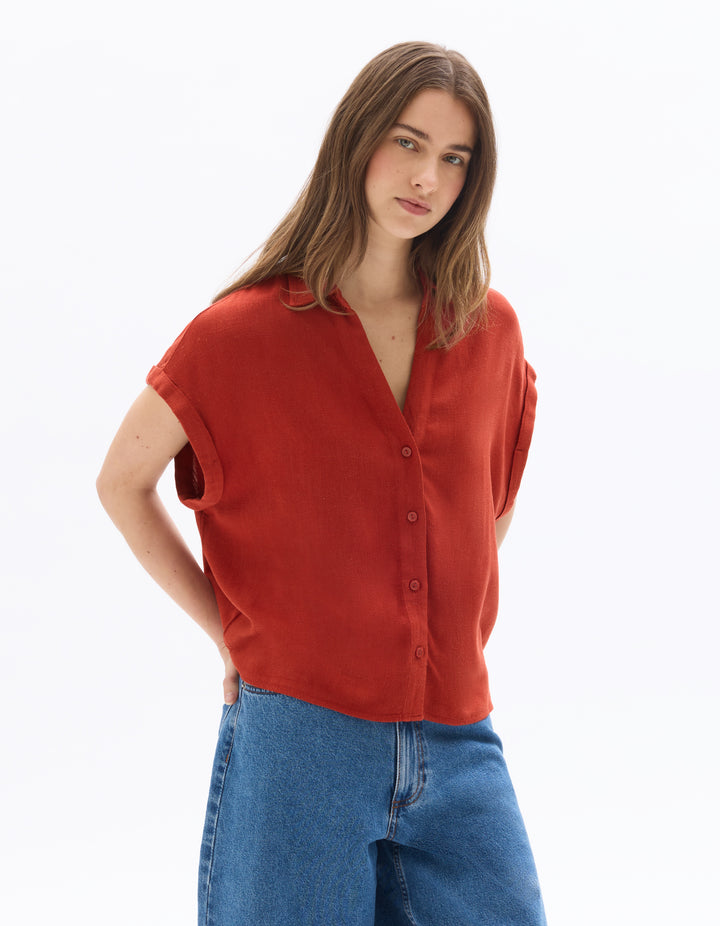 Short-Sleeved Crop Shirt in Viscose Linen