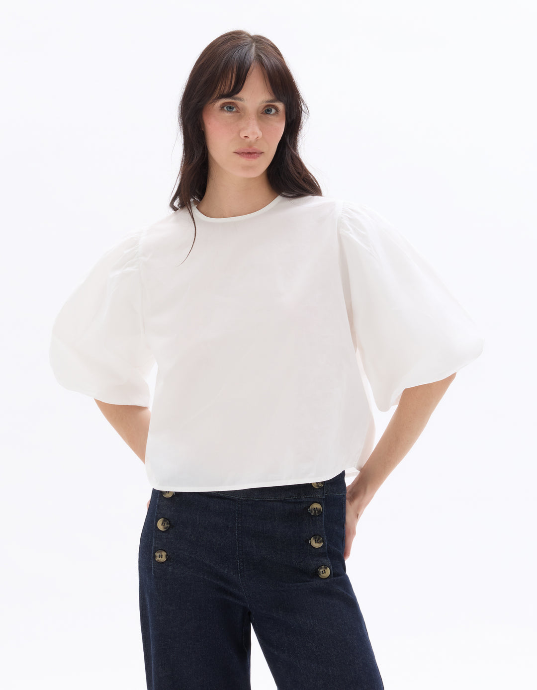 Puff-sleeve 100% cotton poplin blouse
