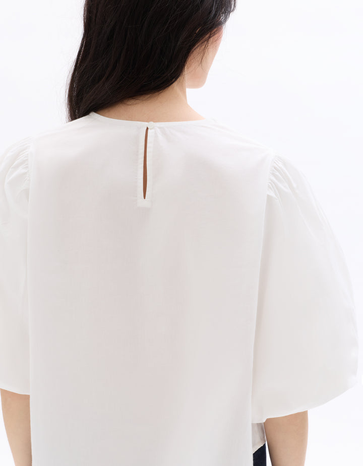 Puff-sleeve 100% cotton poplin blouse