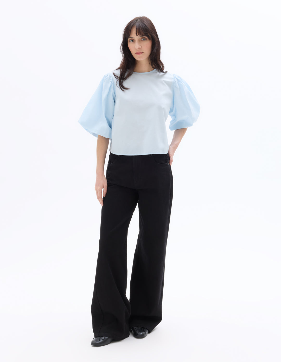 Puff-sleeve 100% cotton poplin blouse