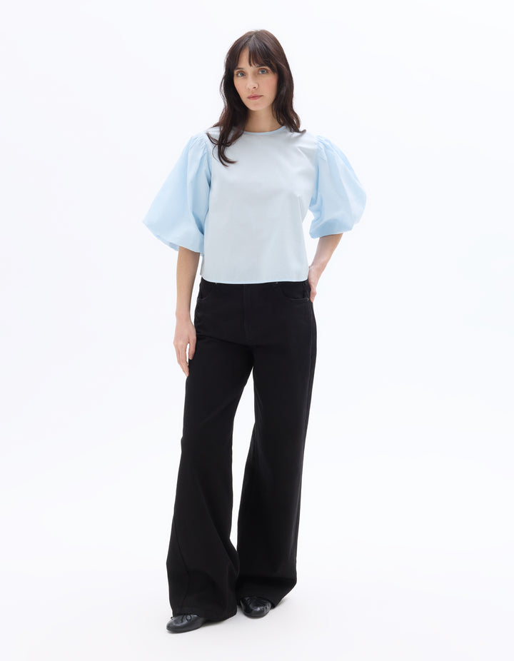 Puff-sleeve 100% cotton poplin blouse