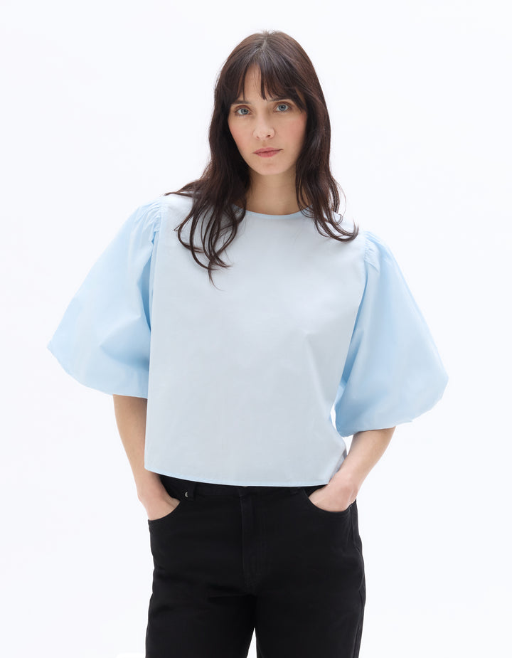 Puff-sleeve 100% cotton poplin blouse