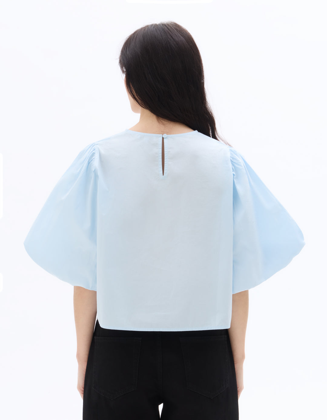 Puff-sleeve 100% cotton poplin blouse
