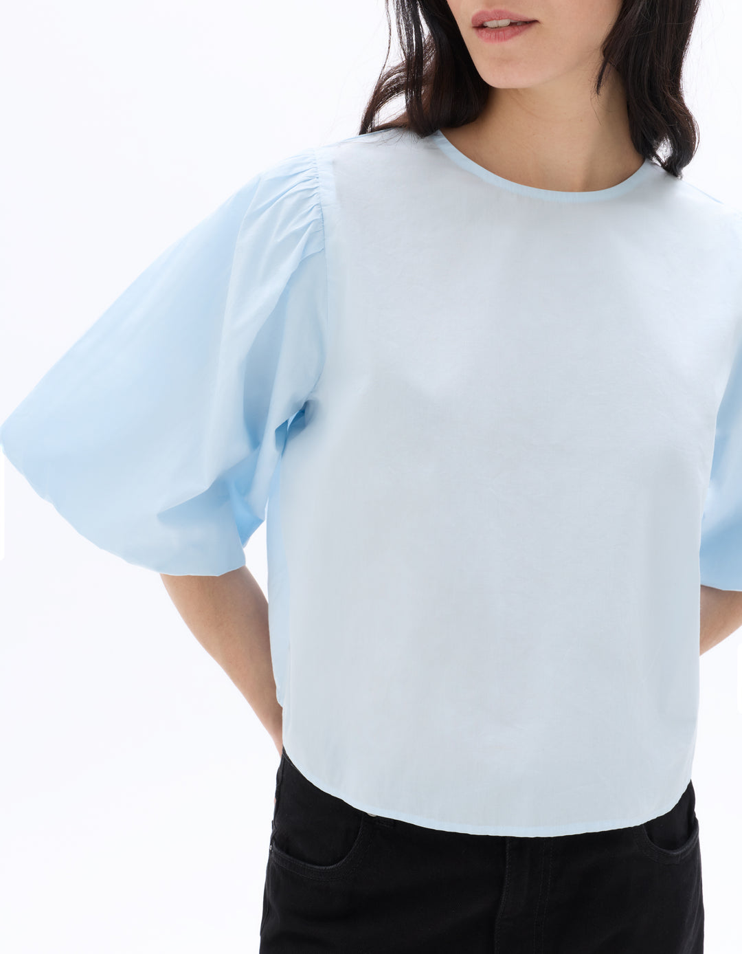Puff-sleeve 100% cotton poplin blouse