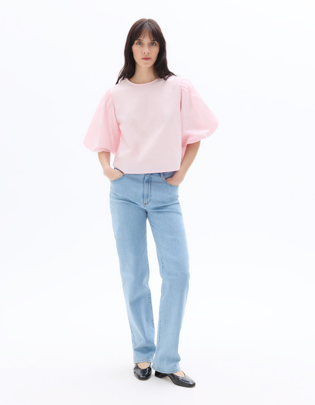 Puff-sleeve 100% cotton poplin blouse