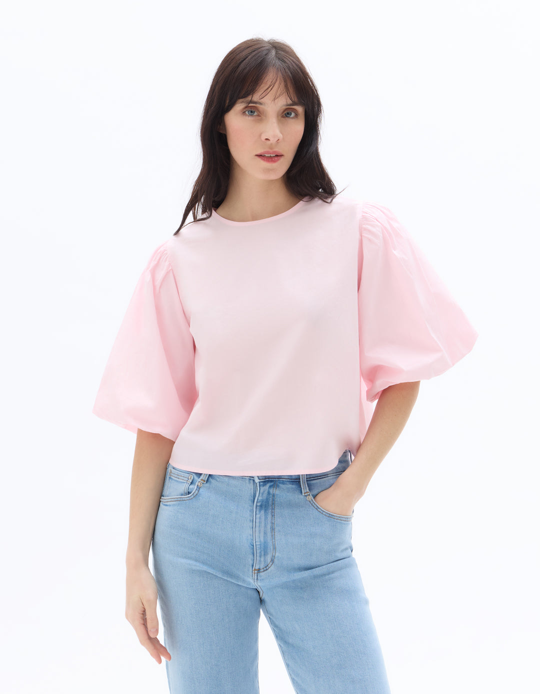 Puff-sleeve 100% cotton poplin blouse