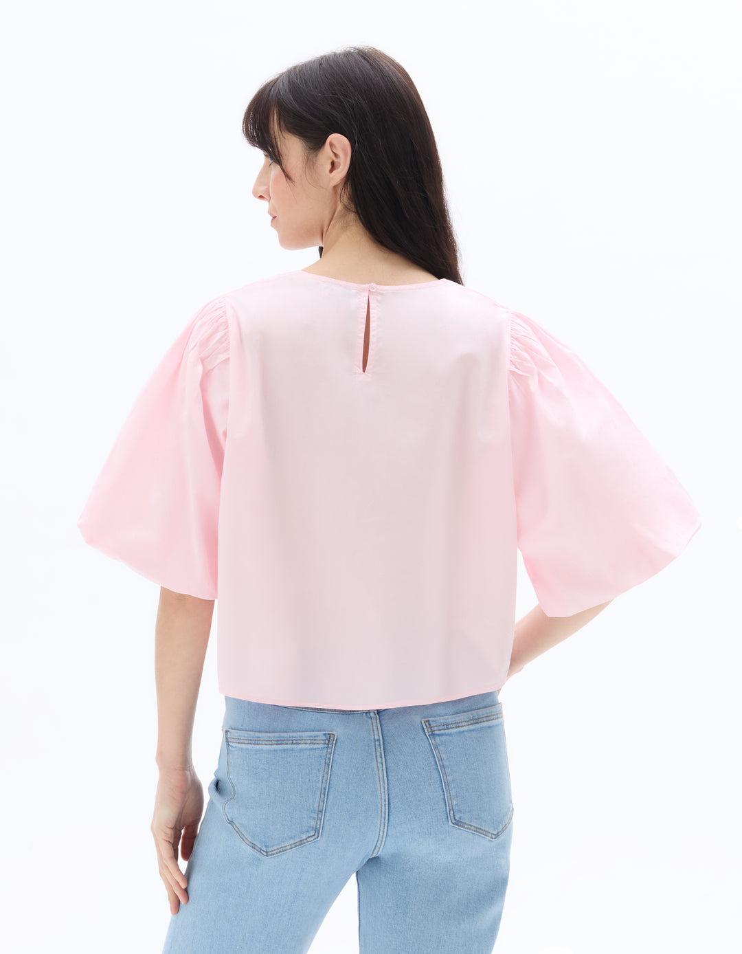 Puff-sleeve 100% cotton poplin blouse