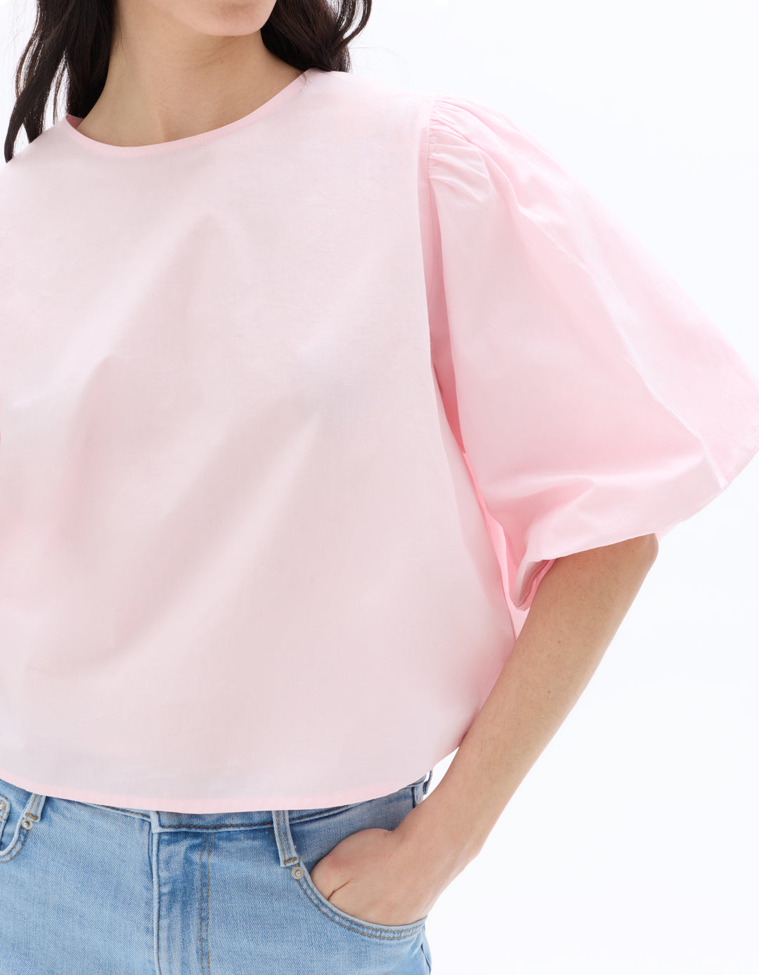 Puff-sleeve 100% cotton poplin blouse